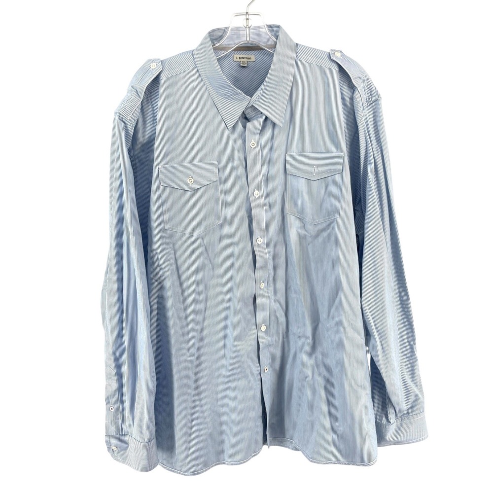 J Peterman Striped Button Down Shirt Mens XXL Blue White Pockets Long Sleeve